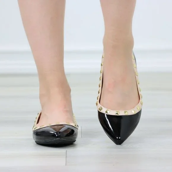 Black Patent Pointed Toe Slip On Flat Shoes Metal Gold Studs - Picture 9 of 11
